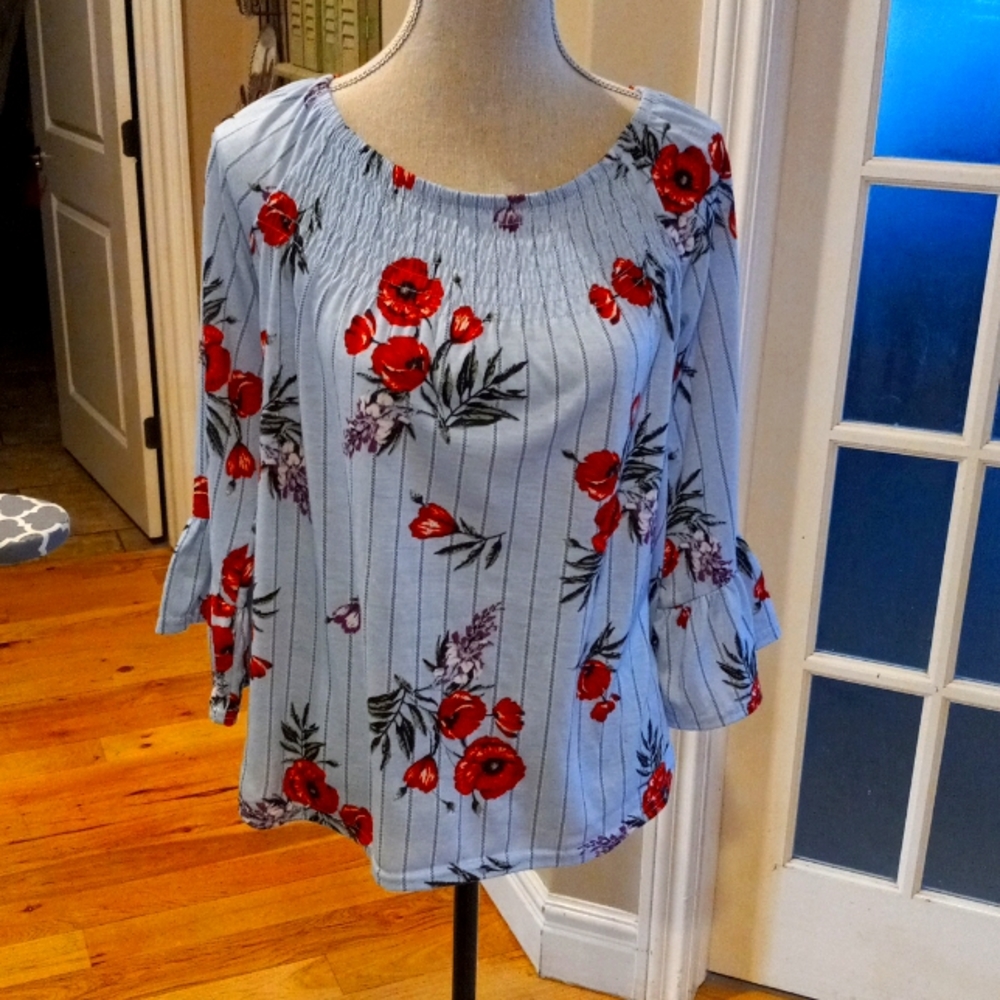 Light blue and red floral blouse